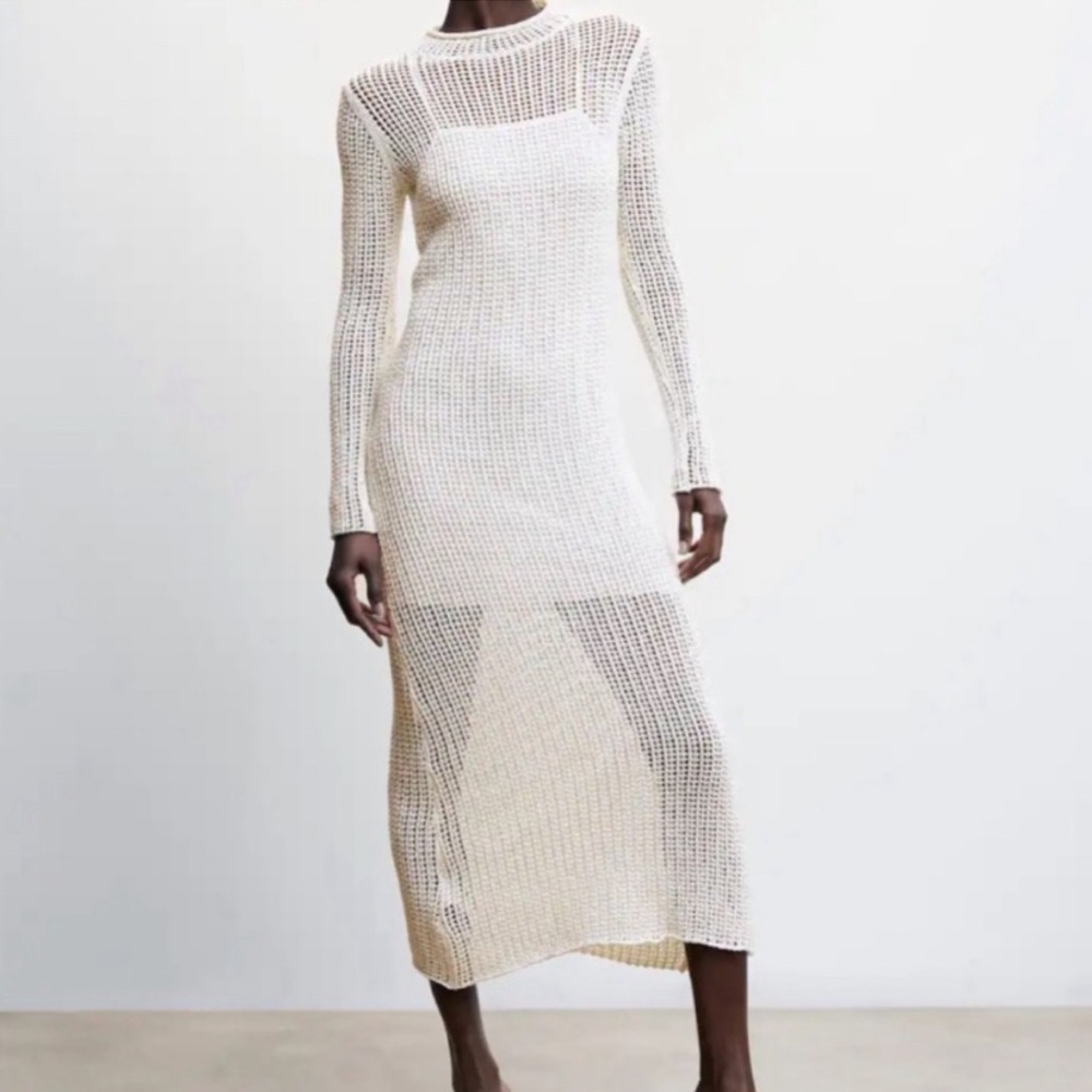 Mango Cream Knit Crochet Dress